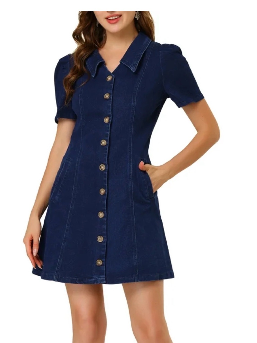 Allegra K Navy Denim Button-Front A-Line Dress Sz. Small